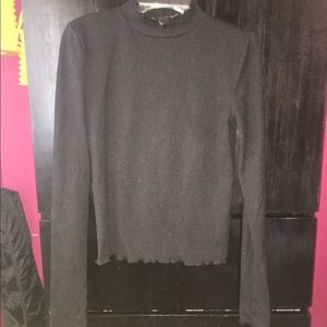 Black Ribbed Scalloped Mock Turtleneck Knot Top